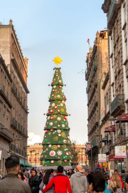 Mexico City, Mexico - November 30, 2016: Metropolitan Cathedral and Christmas Tree Decorations in Zocalo, Mexico City clipart