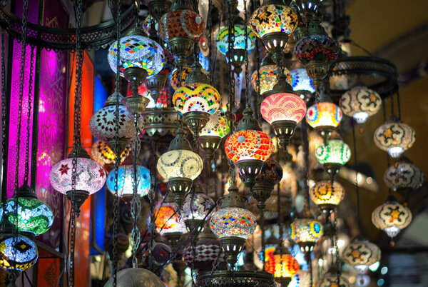 ISTANBUL, TURKEY - APR 21, 2016:Traditional lamps at  the Grand Bazaar in Istanbul, Turkey. The Grand Bazaar is one of the largest and oldest covered markets in the world. 