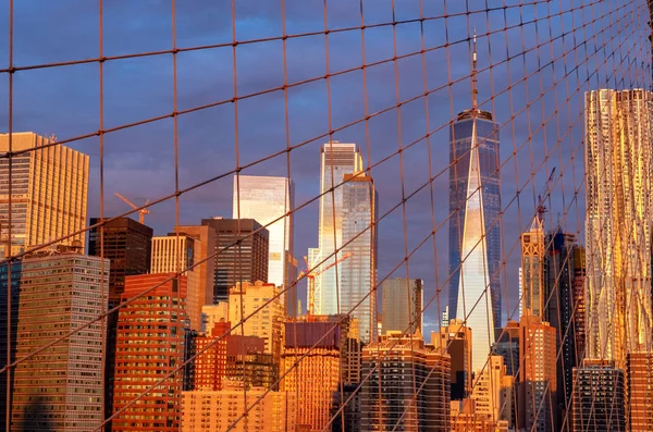 Vue Manhattan Skyline Depuis Brooklyn Bridge Lever Soleil New York — Photo