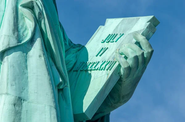 Detalhe Estátua Liberdade Contra Céu Azul Nova York Nos Estados — Fotografia de Stock