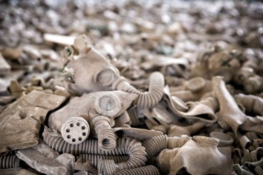Old gas masks in abandoned building in Chernobyl Exclusion Zone, Ukraine clipart