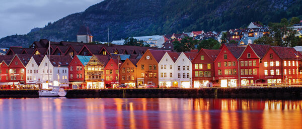 Historical buildings on the street in Bergen , Norway