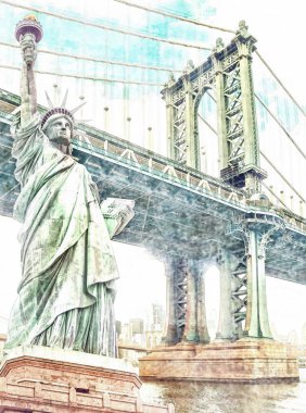 Manhattan Köprüsü ve New York Özgürlük Heykeli suluboya resmi. Abd