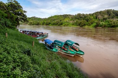 12 / 21 / 2019 - Chiapas, Meksika. Yaxchilan yakınlarındaki Olağan macinta Nehri 'nde bir tekne. Meksika' nın Chiapas eyaletindeki Olağanmacinta Nehri kıyısında antik bir Maya şehri..