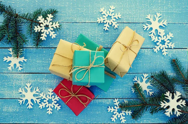 Cadeau Noël Avec Accessoires Noël Sur Table Bois Bleu — Photo