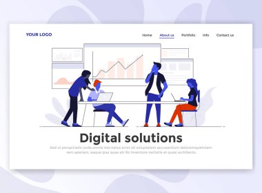 Açılış sayfası şablonunu dijital çözüm. Web sitesi ve mobil web sitesi için web sayfa tasarımı modern düz tasarım konsepti. Düzenlemek ve özelleştirmek kolay. Vektör çizim