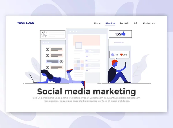 Landing Paginasjabloon Voor Social Media Marketing Moderne Platte Ontwerpconcept Van — Stockvector