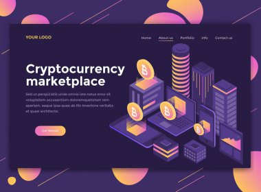 Modern düz tasarım izometrik kavramı Cryptocurrency Pazar Web sitesi ve mobil web sitesi için. Açılış sayfası şablonu, karanlık tema. Düzenlemek ve özelleştirmek kolay. Vektör çizim
