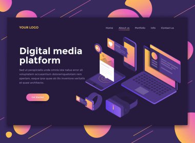 Modern düz tasarım izometrik kavramını dijital medya platformu web sitesi ve mobil web sitesi için. Açılış sayfası şablonu, karanlık tema. Düzenlemek ve özelleştirmek kolay. Vektör çizim