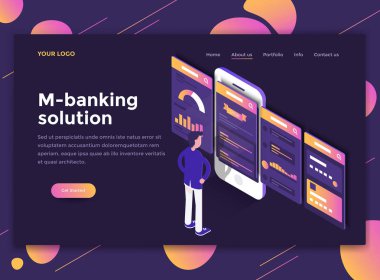 Modern düz tasarım Web sitesi ve mobil web sitesi için M-bankacılık çözüm izometrik kavramı. Açılış sayfası şablonu, karanlık tema. Düzenlemek ve özelleştirmek kolay. Vektör çizim