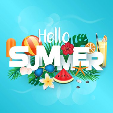 3D baskı tasarım yaz. Tropikal bitki, çiçek, plaj topu, güneş gözlüğü, kokteyl, kabukları dondurma ve watermelone. Vektör çizim