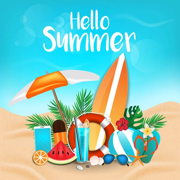 Merhaba yaz, deniz kıyısında gerçekçi nesneleri tasarım ile. Tropikal bitki, çiçek, plaj topu, güneş gözlüğü, kokteyl, kabukları, dondurma, sutfboard, lifebealt ve watermelone. Vektör çizim