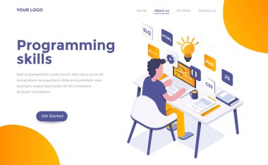 Modern düz izometrik tasarım programlama becerileri için Web sitesi ve mobil web sitesi. Açılış sayfası şablonu. Düzenlemek ve özelleştirmek kolay. Vektör çizim
