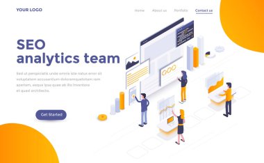Modern düz tasarım Seo analytics ekibi Web sitesi ve mobil web sitesi için izometrik kavramı. Açılış sayfası şablonu. Düzenlemek ve özelleştirmek kolay. Vektör çizim
