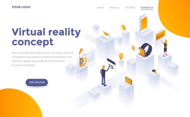 Modern düz tasarım Web sitesi ve mobil web sitesi için sanal gerçeklik kavramı izometrik kavramı. Açılış sayfası şablonu. Düzenlemek ve özelleştirmek kolay. Vektör çizim