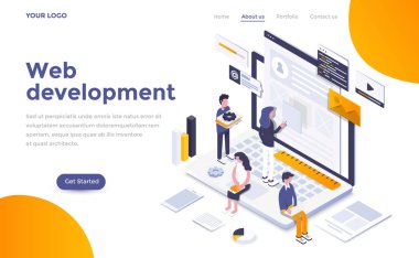 Modern düz izometrik tasarım Web geliştirme web sitesi ve mobil web sitesi için. Açılış sayfası şablonu. Düzenlemek ve özelleştirmek kolay. Vektör çizim