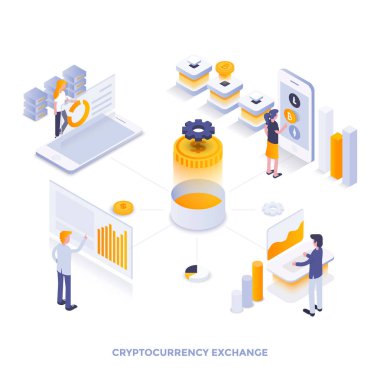 Modern düz tasarım Cryptocurrency Satım izometrik Illustration. Web ve mobil web sitesi veya açılış sayfası için kullanılabilir. Düzenlemek ve özelleştirmek kolay. Vektör çizim