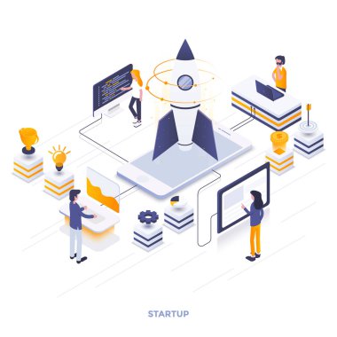Modern düz tasarım başlangıç izometrik Illustration. Web ve mobil web sitesi veya açılış sayfası için kullanılabilir. Düzenlemek ve özelleştirmek kolay. Vektör çizim