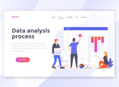 Açılış sayfası şablonu veri çözümleme işlemi. Web sitesi ve mobil web sitesi için web sayfa tasarımı modern düz tasarım konsepti. Düzenlemek ve özelleştirmek kolay. Vektör çizim