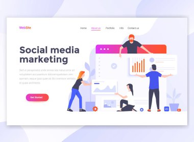 Sosyal medya pazarlama açılış sayfası şablonu. Web sitesi ve mobil web sitesi için web sayfa tasarımı modern düz tasarım konsepti. Düzenlemek ve özelleştirmek kolay. Vektör çizim