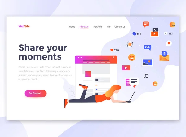 Landing Page Template Share Your Moments Modern Flat Design Concept — Stock Vector