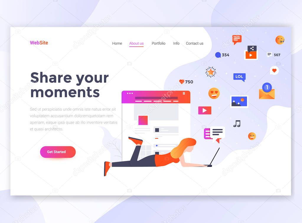 Landing page template of Share your moments. Modern flat design concept of web page design for website and mobile website. Easy to edit and customize. Vector illustration