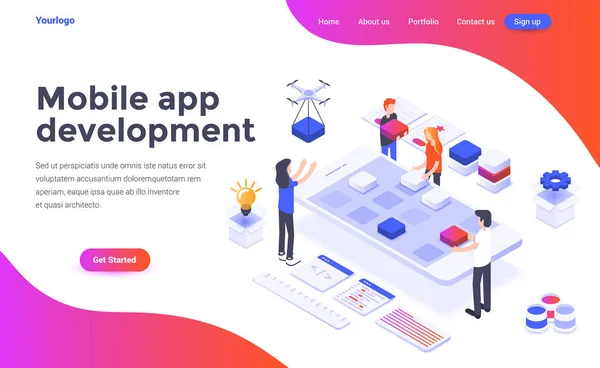 Concepto Isométrico Diseño Plano Moderno Desarrollo Aplicaciones Móviles Para Sitios — Archivo Imágenes Vectoriales