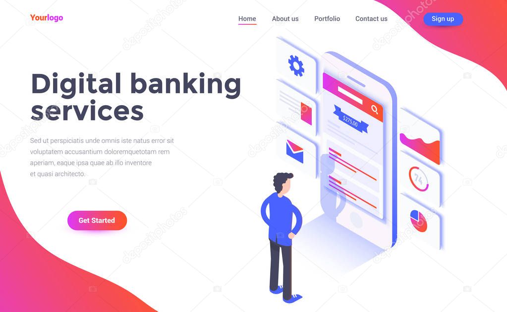 Modern flat design isometric concept of Digital Banking services for website and mobile website. Landing page template. Easy to edit and customize. Vector illustration