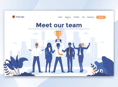 Sayfa şablon / Meet bizim takım iniş. Web sitesi ve mobil web sitesi için web sayfa tasarımı modern düz tasarım konsepti. Düzenlemek ve özelleştirmek kolay. Vektör çizim