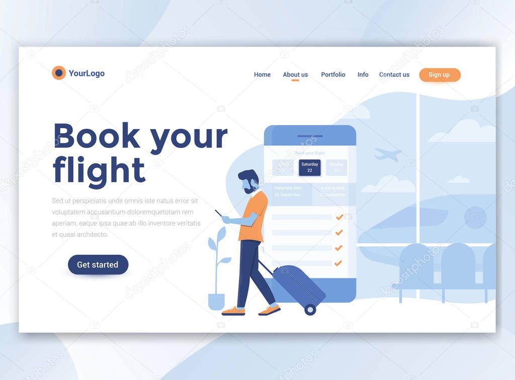 Landing page template of Book your flight. Modern flat design concept of web page design for website and mobile website. Easy to edit and customize. Vector illustration