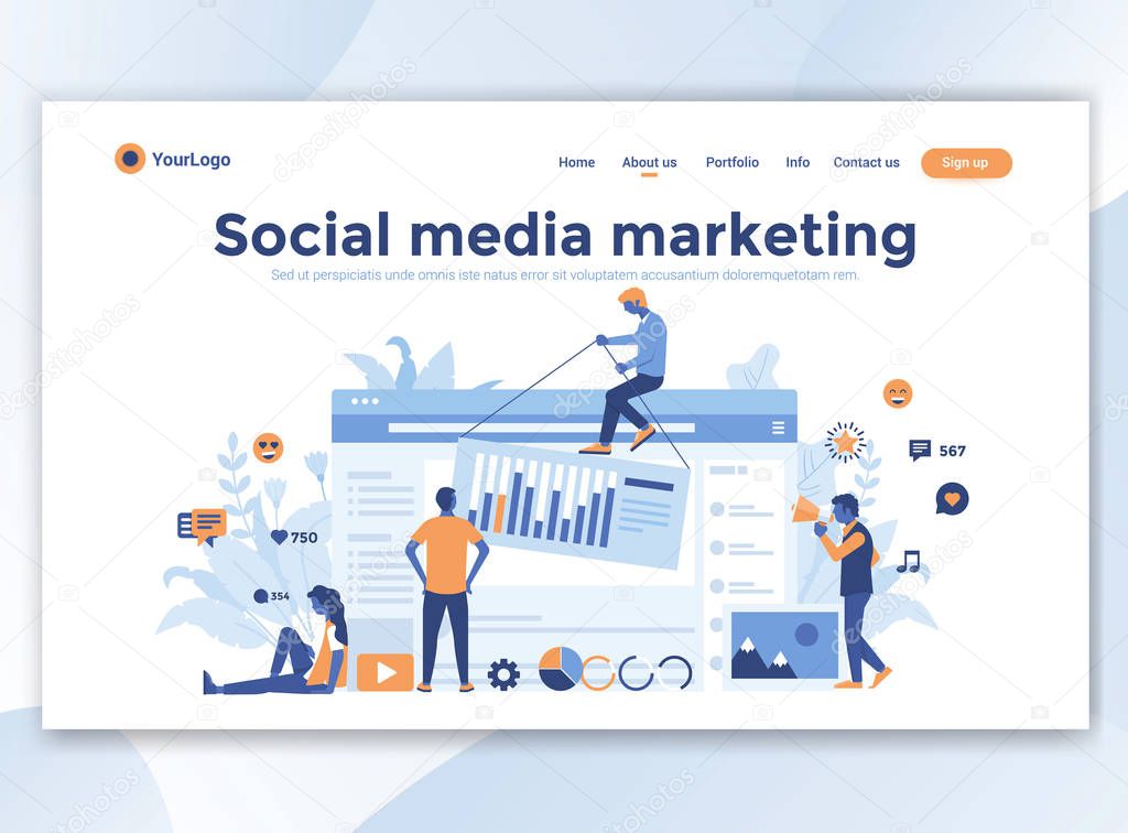 Landing page template of Social media marketing. Modern flat design concept of web page design for website and mobile website. Easy to edit and customize. Vector illustration