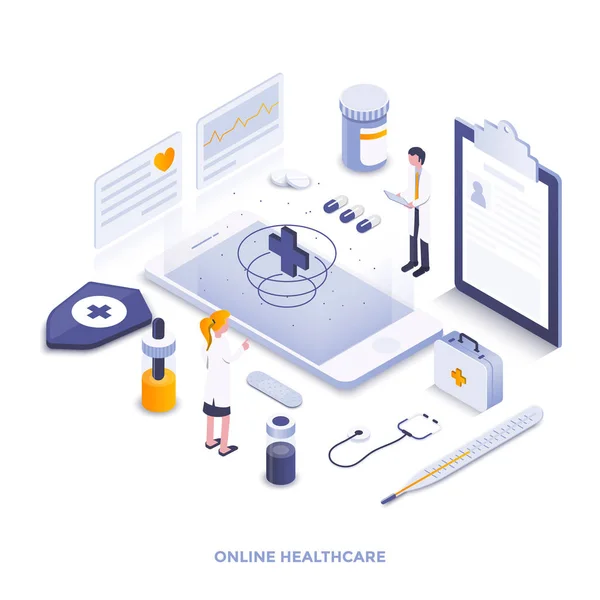 Moderno Disegno Piatto Isometrico Illustrazione Online Healthcare Può Essere Utilizzato — Vettoriale Stock