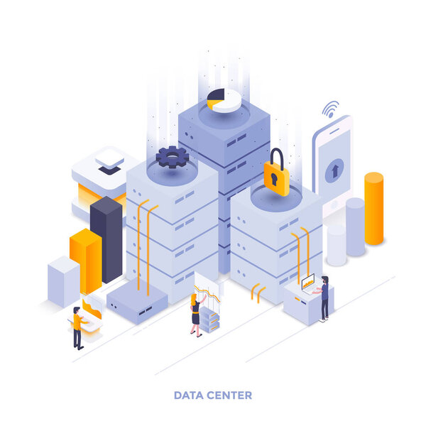 Modern flat design isometric illustration of Data Center. Can be used for website and mobile website or Landing page. Easy to edit and customize. Vector illustration