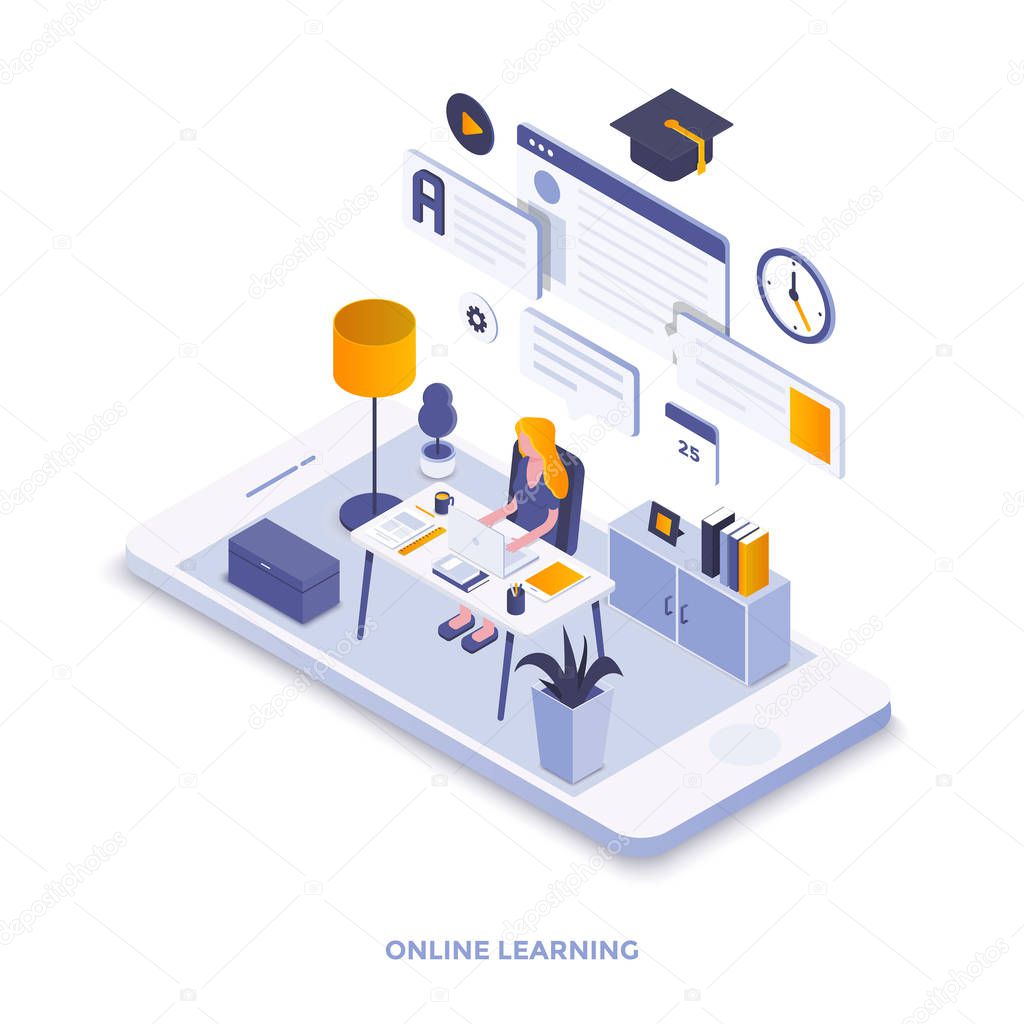 Modern flat design isometric illustration of Online Learning. Can be used for website and mobile website or Landing page. Easy to edit and customize. Vector illustration