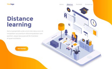 Modern düz tasarım izometrik kavramı uzaktan eğitim web sitesi ve mobil web sitesi için. Açılış sayfası şablonu. Düzenlemek ve özelleştirmek kolay. Vektör çizim
