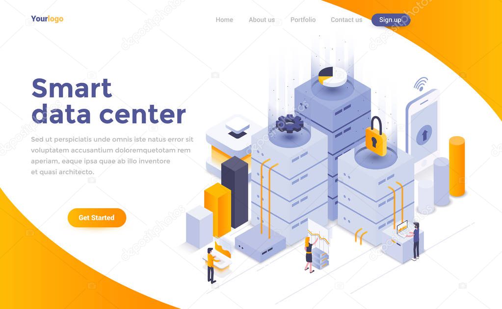Modern flat design isometric concept of Smart data center for website and mobile website.Young people work together. Landing page template. Easy to edit and customize. Vector illustration