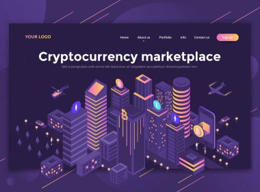 Modern düz tasarım izometrik kavramı Cryptocurrency Pazar Web sitesi ve mobil web sitesi için. Açılış sayfası şablonu, karanlık tema. Düzenlemek ve özelleştirmek kolay. Vektör çizim
