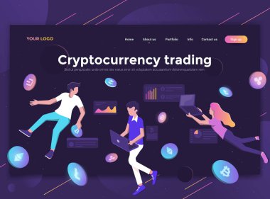 Modern düz izometrik tasarım Cryptocurrency ticaret Web sitesi ve mobil web sitesi için. Açılış sayfası şablonu, karanlık tema. Düzenlemek ve özelleştirmek kolay. Vektör çizim