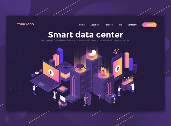 Moderno Design Piatto Concetto Isometrico Smart Data Center Sito Web — Vettoriale Stock