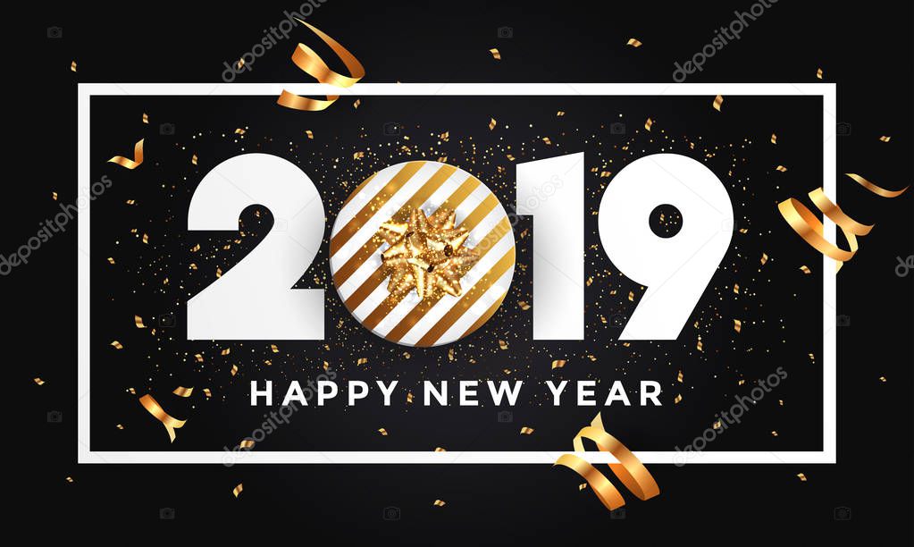 Happy New Year 2019 background with golden gift bow. Vector Illustration