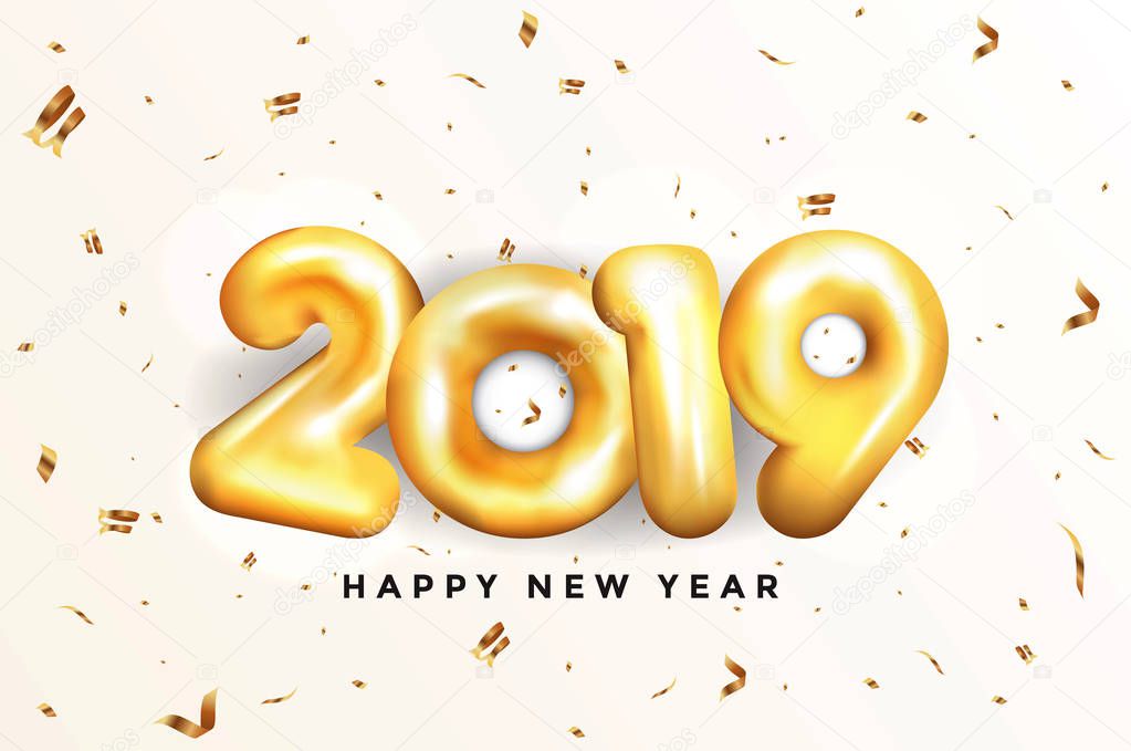 Metallic Gold Letter Balloons, Happy New year 2019, Gold Number Balloons. Social media template for website and mobile website development, email and newsletter design, marketing material. Vector Illustration