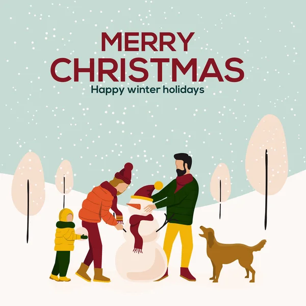 Merry Christmas winter illustration, happy family making snowman on snow landscape background. Vector Illustration