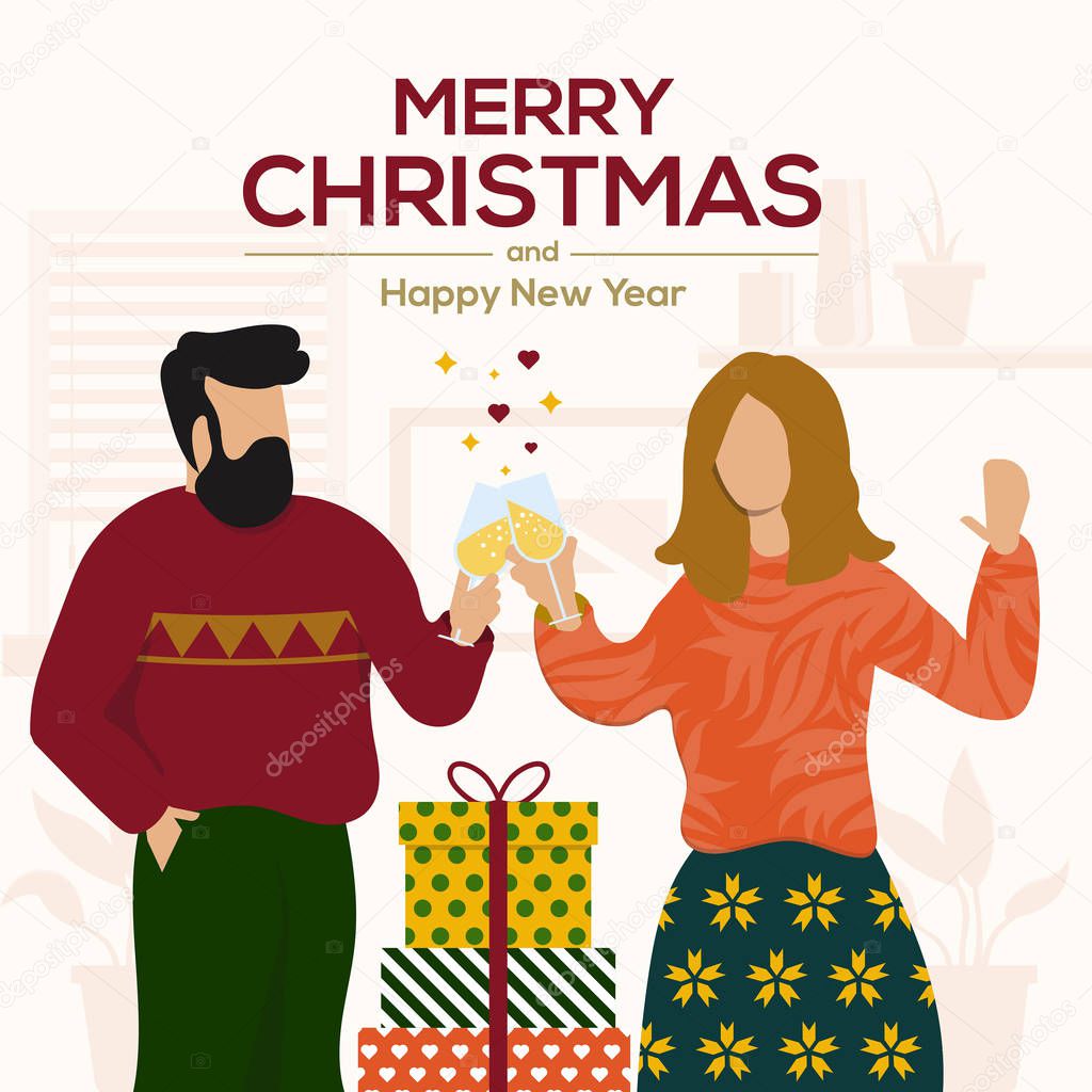 Holiday greeting card, Young man and woman celebrating Christmas and New Year. Happy family or group of friends preparing for holiday celebration. Vector Illustration