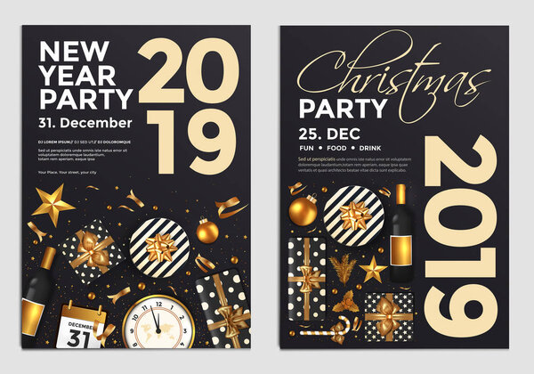 Christmas and Happy New Year Brochure Design Layout Template in A4 size with golden ornaments, gift boxes and snowflakes on dark backgroun. Abstract Modern Backgrounds, Party poster. Vectot Illustrations