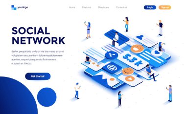 Modern düz tasarım izometrik kavramı sosyal ağ web sitesi ve mobil web sitesi için. Açılış sayfası şablonu. Düzenlemek ve özelleştirmek kolay. Vektör çizim