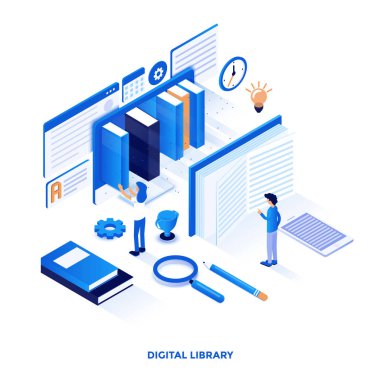 Modern düz tasarım dijital kütüphane izometrik Illustration. Web ve mobil web sitesi veya açılış sayfası için kullanılabilir. Düzenlemek ve özelleştirmek kolay. Vektör çizim