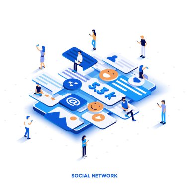 Modern düz tasarım izometrik çizimde sosyal ağ. Web ve mobil web sitesi veya açılış sayfası için kullanılabilir. Düzenlemek ve özelleştirmek kolay. Vektör çizim