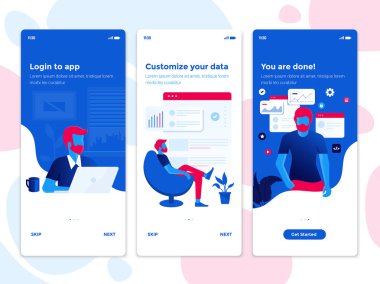 Modern kullanıcı arabirimi Ux, UI filtresi şablonu için mobil akıllı telefon. Onboarding Kullanıcı arabirimi Kit ekranlar. Busness, veri analiz app. vektör çizim
