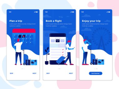 Modern kullanıcı arabirimi Ux, UI filtresi şablonu için mobil akıllı telefon. Onboarding Kullanıcı arabirimi Kit ekranlar. Seyahat app. vektör çizim
