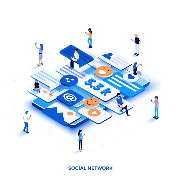 Modern düz tasarım izometrik çizimde sosyal ağ. Web ve mobil web sitesi veya açılış sayfası için kullanılabilir. Düzenlemek ve özelleştirmek kolay. Vektör çizim